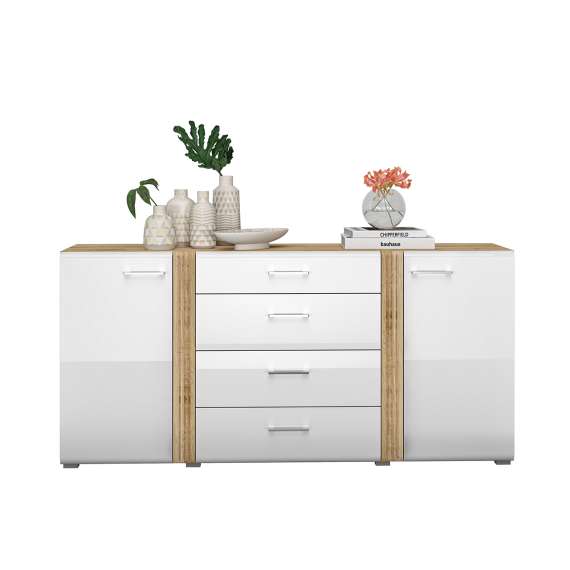 Skjenk Adagio 190x90 cm - eik castello - hvit høyglans fronter - 2 dører - 4 skuffer
