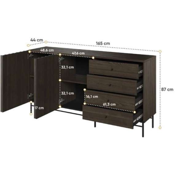 Skjenk Piemonte 165x87 cm - med ben - 3 skuffer - 2 dører