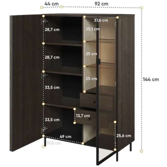 Vitrineskap Piemonte 92x144 cm - med ben - Glassdør