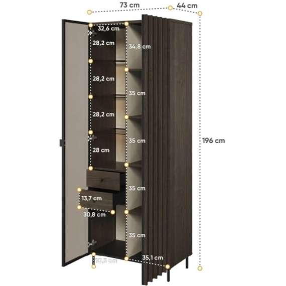 Vitrineskap Piemonte 73x196 cm - med ben - Glassdør