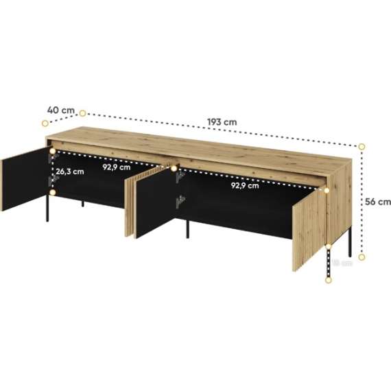 Tv-benk Trend 193x56 cm - metallben - 4 dører - Eik