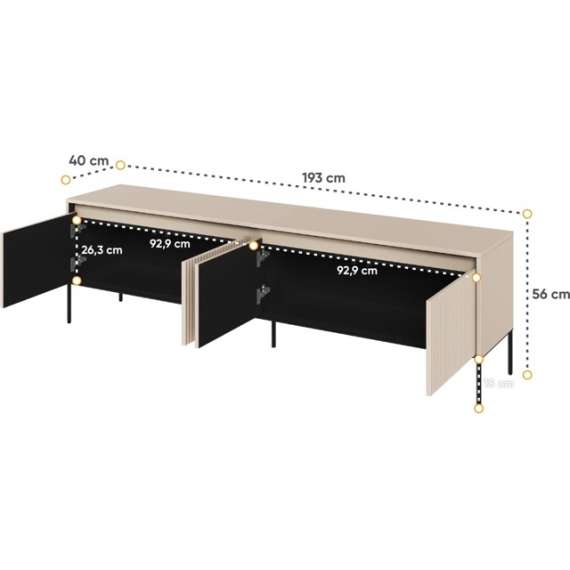 Tv-benk Trend 193x56 cm - metallben - 4 dører - Beige