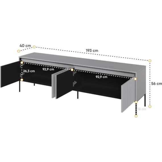 Tv-benk Trend 193x56 cm - metallben - 4 dører - Grå