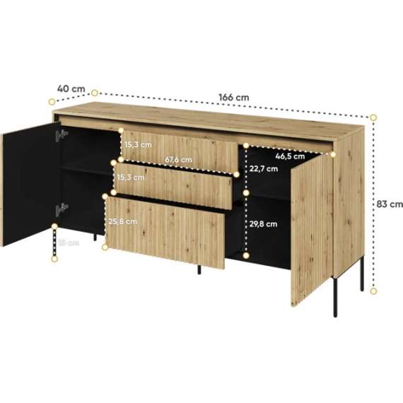 Skjenk Trend 166x82 cm - 2 dører - 3 skuffer - Eik