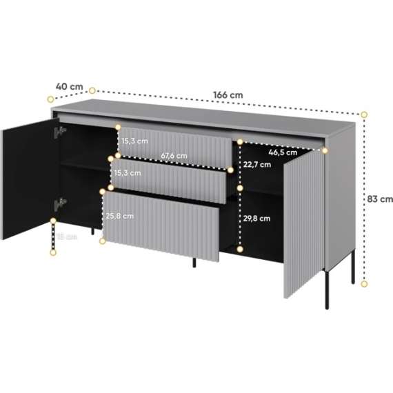 Skjenk Trend 166x82 cm - 2 dører - 3 skuffer - Grå