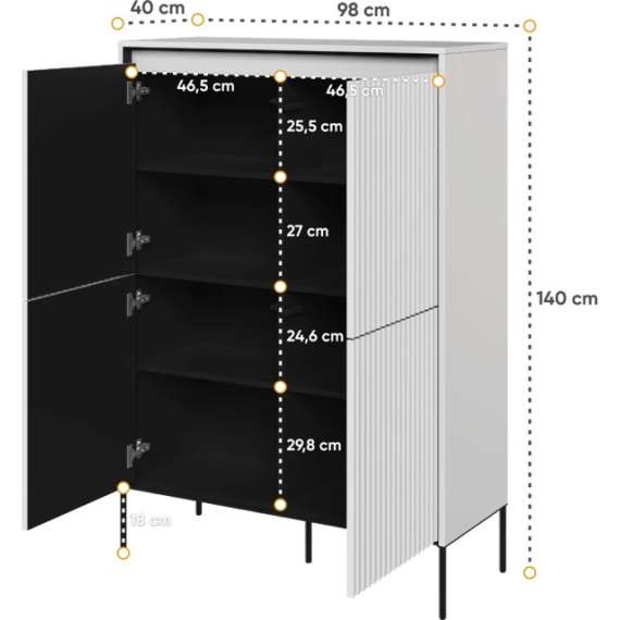 Skap Trend 98x140 cm - metallben - 4 dører - Hvit matt