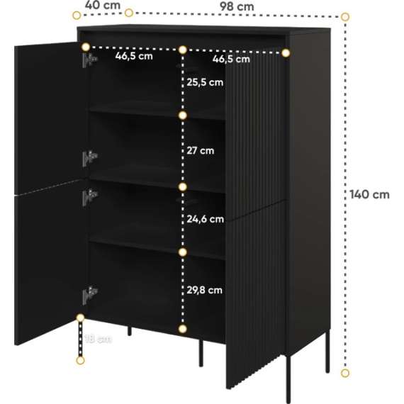 Skap Trend 98x140 cm - metallben - 4 dører - Svart