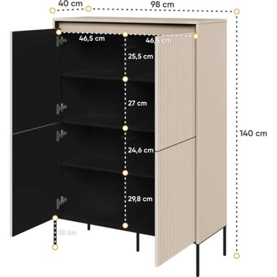 Skap Trend 98x140 cm - metallben - 4 dører - Beige