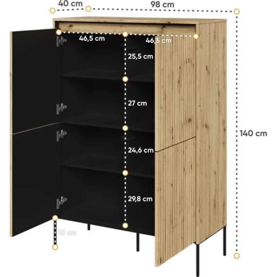 Skap Trend 98x140 cm - metallben - 4 dører - Eik