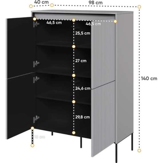 Skap Trend 98x140 cm - metallben - 4 dører - Grå