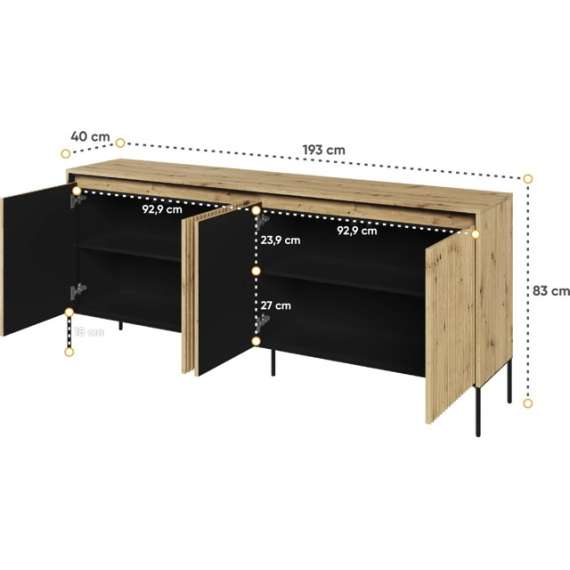 Skjenk Trend 193x82 cm - metallben - 4 dører - Eik
