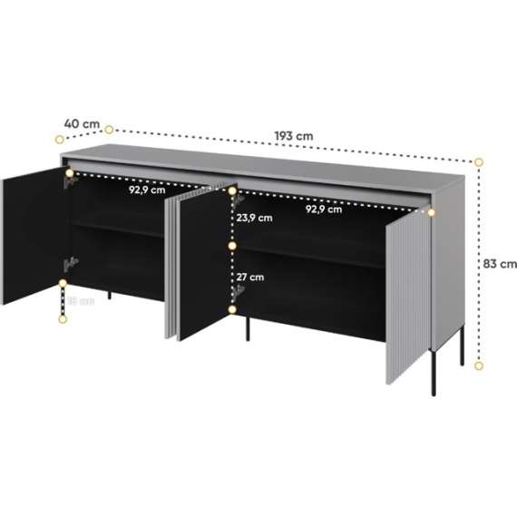 Skjenk Trend 193x82 cm - metallben - 4 dører - Grå