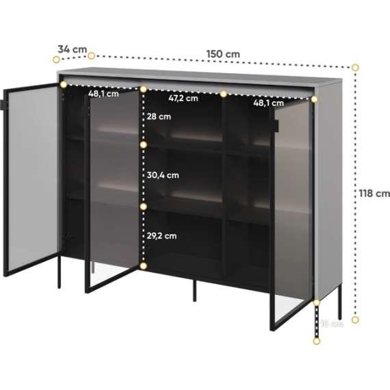 Skjenk Trend 150x118 cm - metallben - Glassdører - Grå