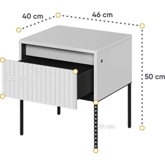 Nattbord Trend 46x49 cm - metallben - skuff - Hvit matt