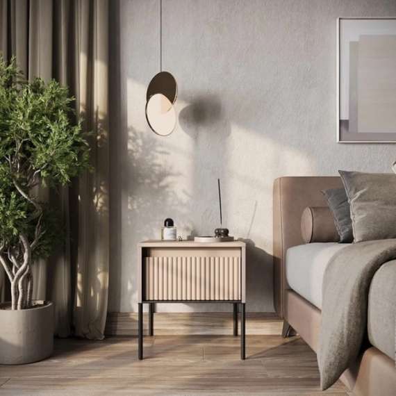 Nattbord Trend 46x49 cm - metallben - skuff - Beige