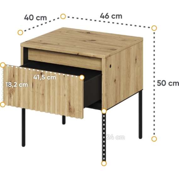 Nattbord Trend 46x49 cm - metallben - skuff - Eik artisan