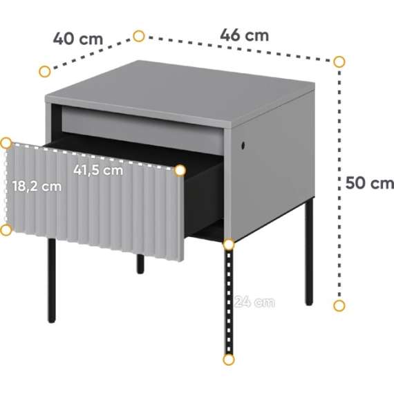 Nattbord Trend 46x49 cm - metallben - skuff - Grå