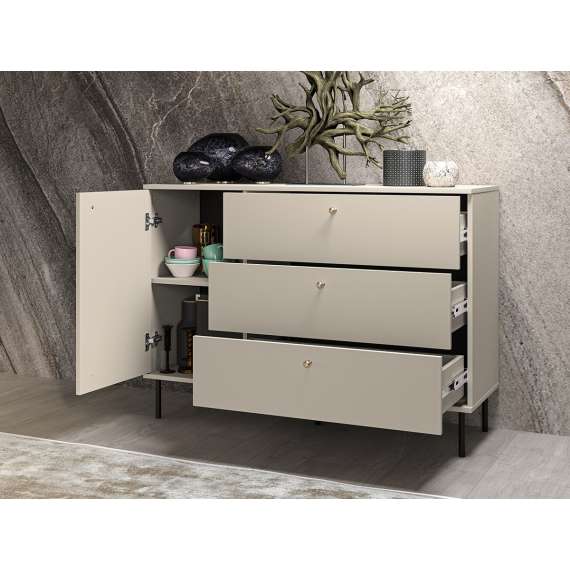 Kommode SOPHIE 120x85 cm - cashmere - 1 dør - 3 skuffer - riller