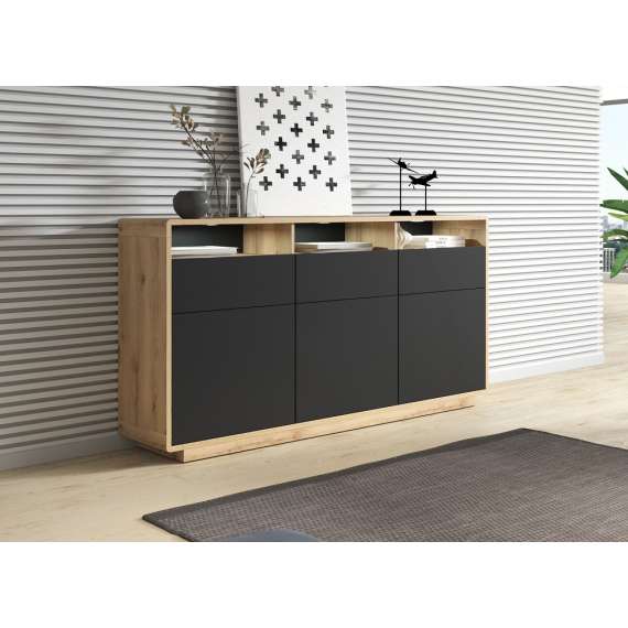 Skjenk Aston 180x95 cm - Svart matt - 3 dører - 3 skuffer