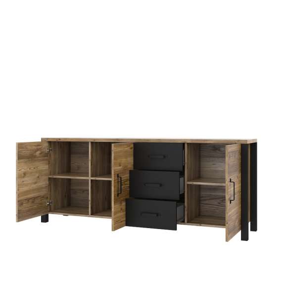 Skjenk Olin 192x79 cm - Trelook - 3 dører - 3 skuffer