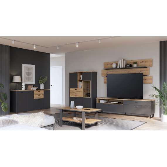 Tv-benk Adia 215x58 cm - med metallben - grafitt wolfram - eik artisan