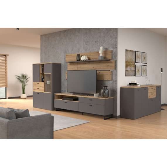 Tv-benk Adia 205x58 cm - med metallben - grafitt wolfram - eik artisan