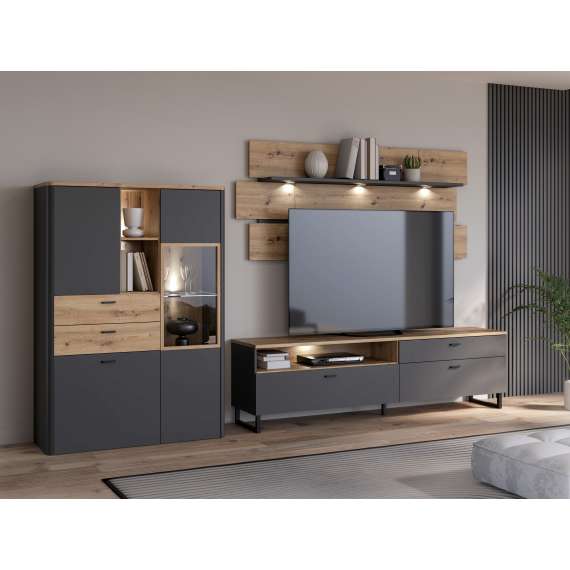 Tv-benk Adia 205x58 cm - med metallben - grafitt wolfram - eik artisan