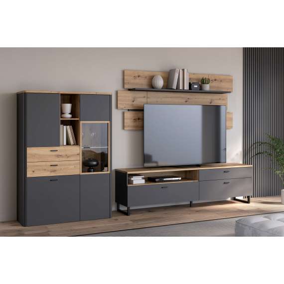 Vitrineskap Adia 113x160 cm - grafitt wolfram - eik artisan