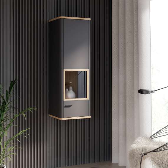 Vitrineskap Adia 113x160 cm - grafitt wolfram - eik artisan- vegghengt