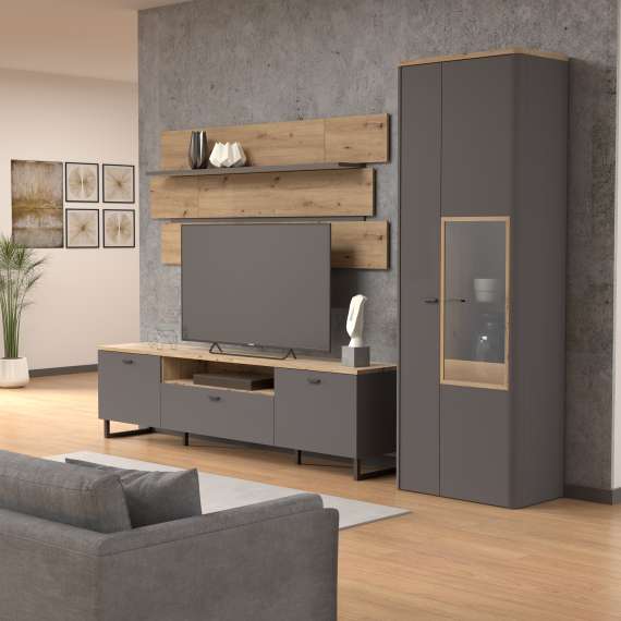 Vitrineskap Adia 73x211 cm - grafitt wolfram - eik artisan