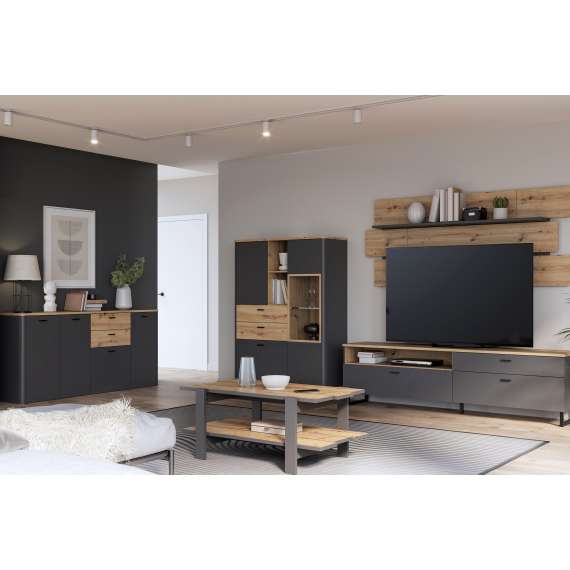 Skjenk Adia 183x86 cm - med dører og skuffer - Grafitt - Eik