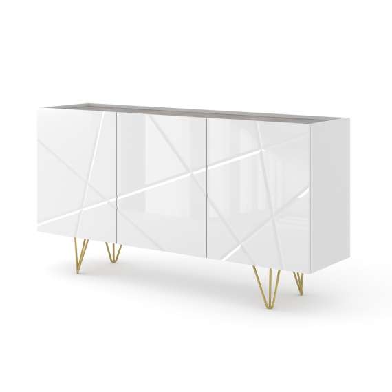 Skjenk Space 160x85 cm - 3 dører - hvit høyglans - betong