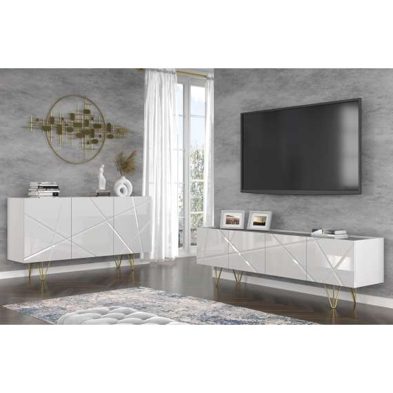 Skjenk Space 160x85 cm - 3 dører - hvit høyglans - betong