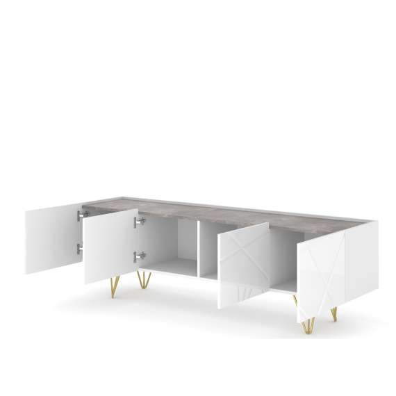 Tv-benk Space 180x56 - 4 dører - hvit høyglans - betong