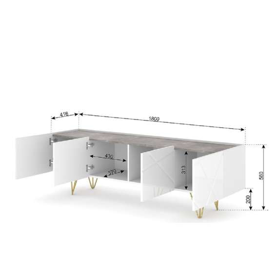 Tv-benk Space 180x56 - 4 dører - hvit høyglans - betong