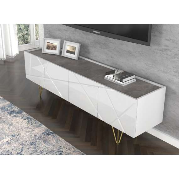 Tv-benk Space 180x56 - 4 dører - hvit høyglans - betong