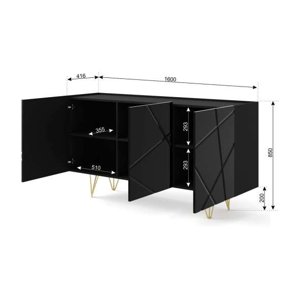 Skjenk Space 160x85 cm - 3 dører - svart høyglans