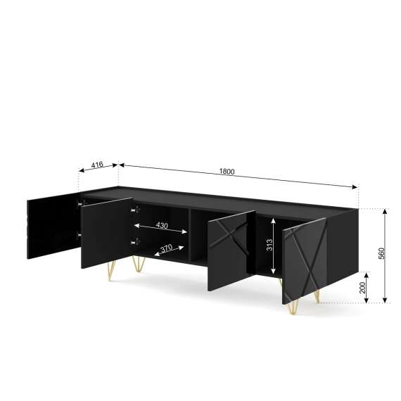 Tv-benk Space 180x56 - 4 dører - svart høyglans
