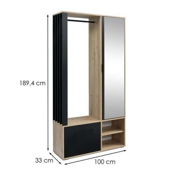 Garderobe til entré Milos 100x190 cm - eik og sort - speil