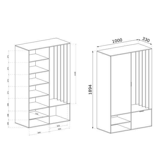Garderobe til entré Milos 100x190 cm - eik og sort - speil