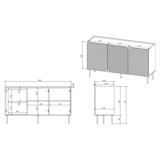 Skjenk ONDA 150x85 - sort - 3 dører - 2 innvendige skuffer