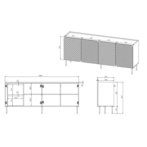 Skjenk ONDA 200x85 - sort - 4 dører - 2 innvendige skuffer