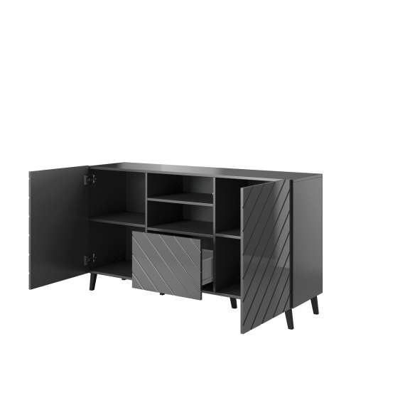 Skjenk Abetta 150x82 cm - Grafitt høyglans - 2 dører - 1 skuff