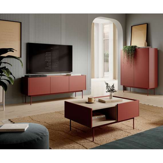 Tv-benk Colo 144x55 - rustikk rød og eik - 3 dører