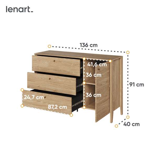 Kommode Cozy 136x91 - eik - 3 skuffer og 1 dør