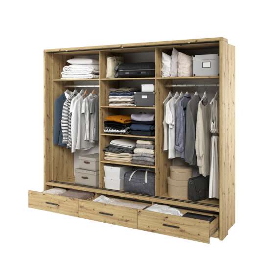 Garderobeskap Arti 250x215 - eik - speil - 3 skuffer