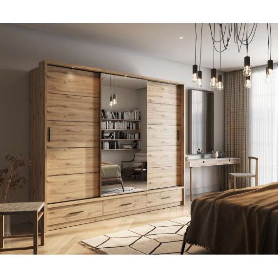 Garderobeskap Arti 250x215 - eik - speil - 3 skuffer