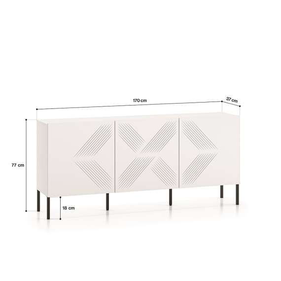 Skjenk Clear - 170 cm - hvit matt - 3 dører - metall ben