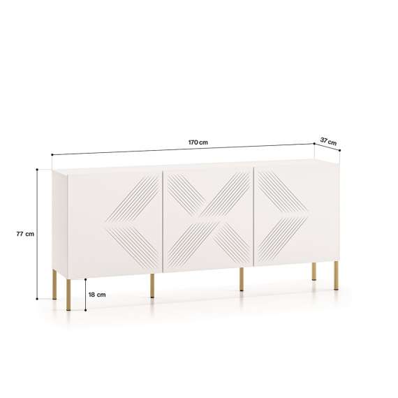 Skjenk Clear - 170 cm - hvit matt - 3 dører - metall ben