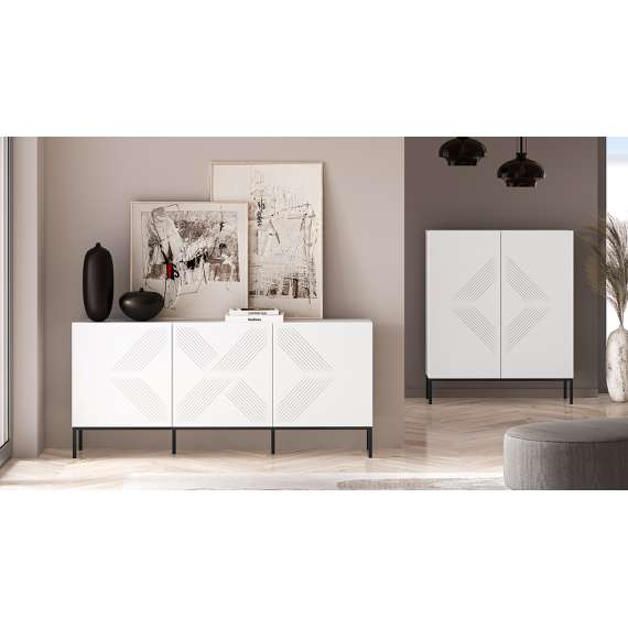 Skjenk Clear - 170x77 cm - hvit matt - 3 dører - metall ramme